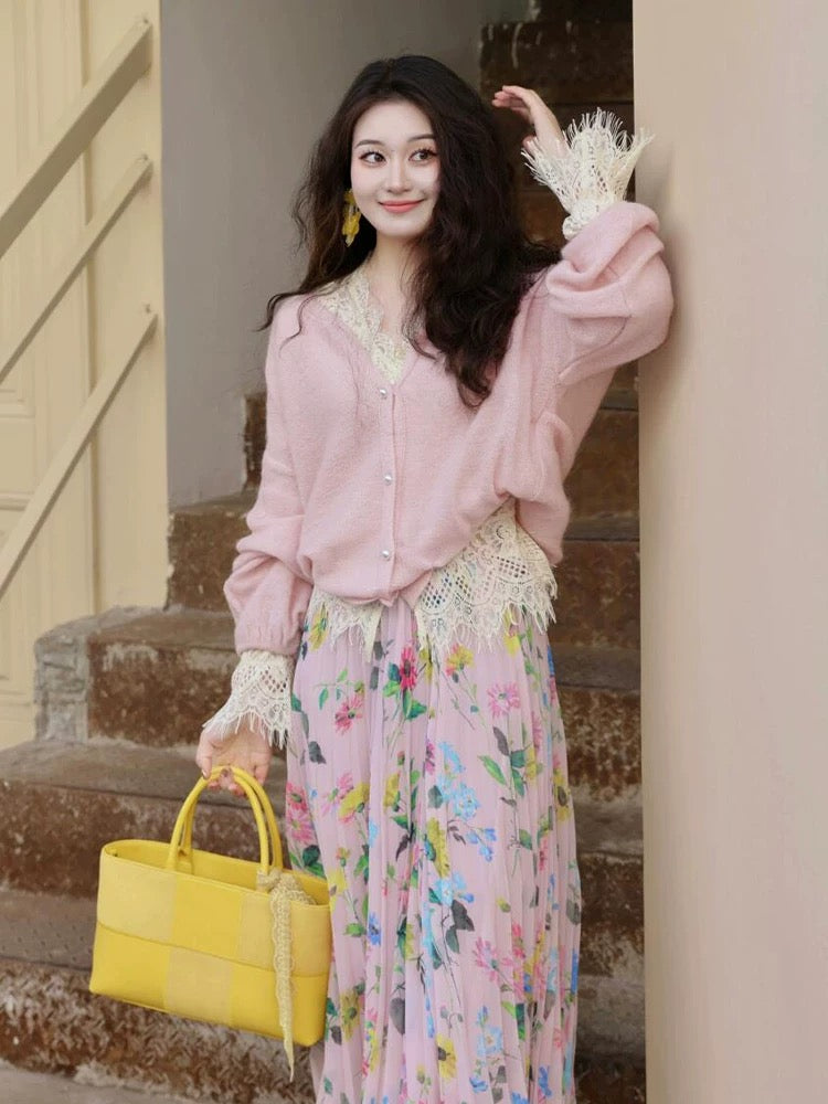 Pink Floral Pleated Midi Skirt and Sweater Set