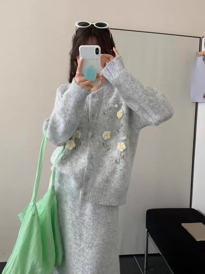 Grey Floral Embroidered Cardigan Set (Skirt Included)