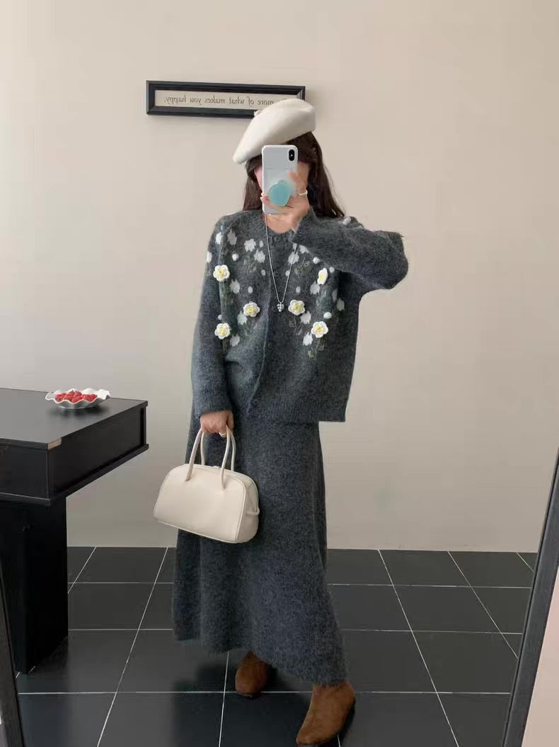 Grey Floral Embroidered Cardigan Set (Skirt Included)