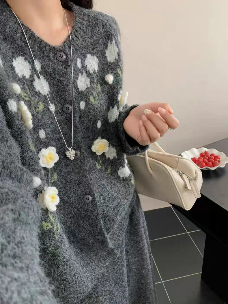 Grey Floral Embroidered Cardigan Set (Skirt Included)
