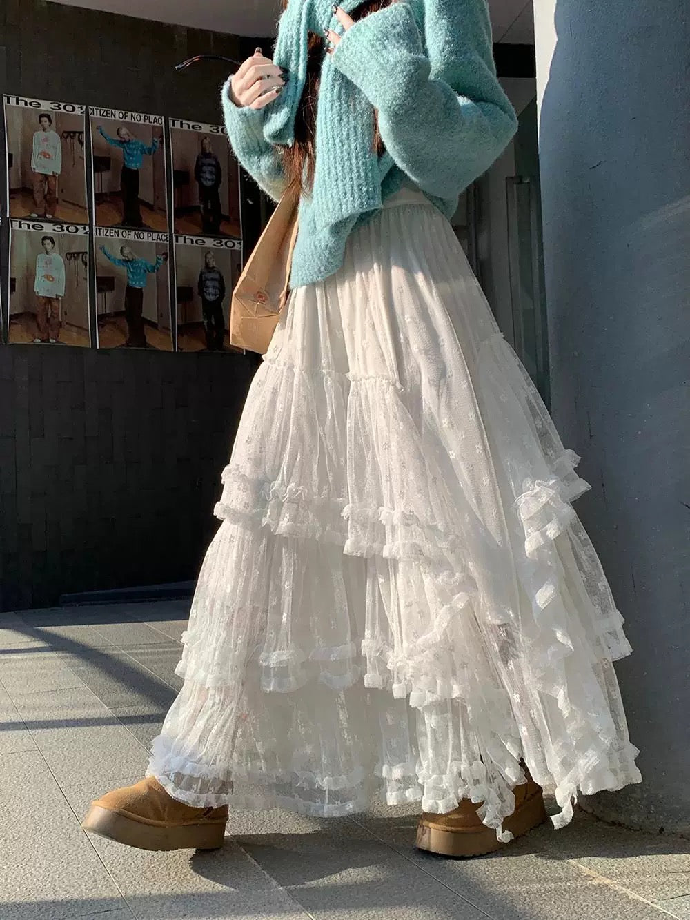 White Floral Embroidered Tiered Tulle Maxi Skirt