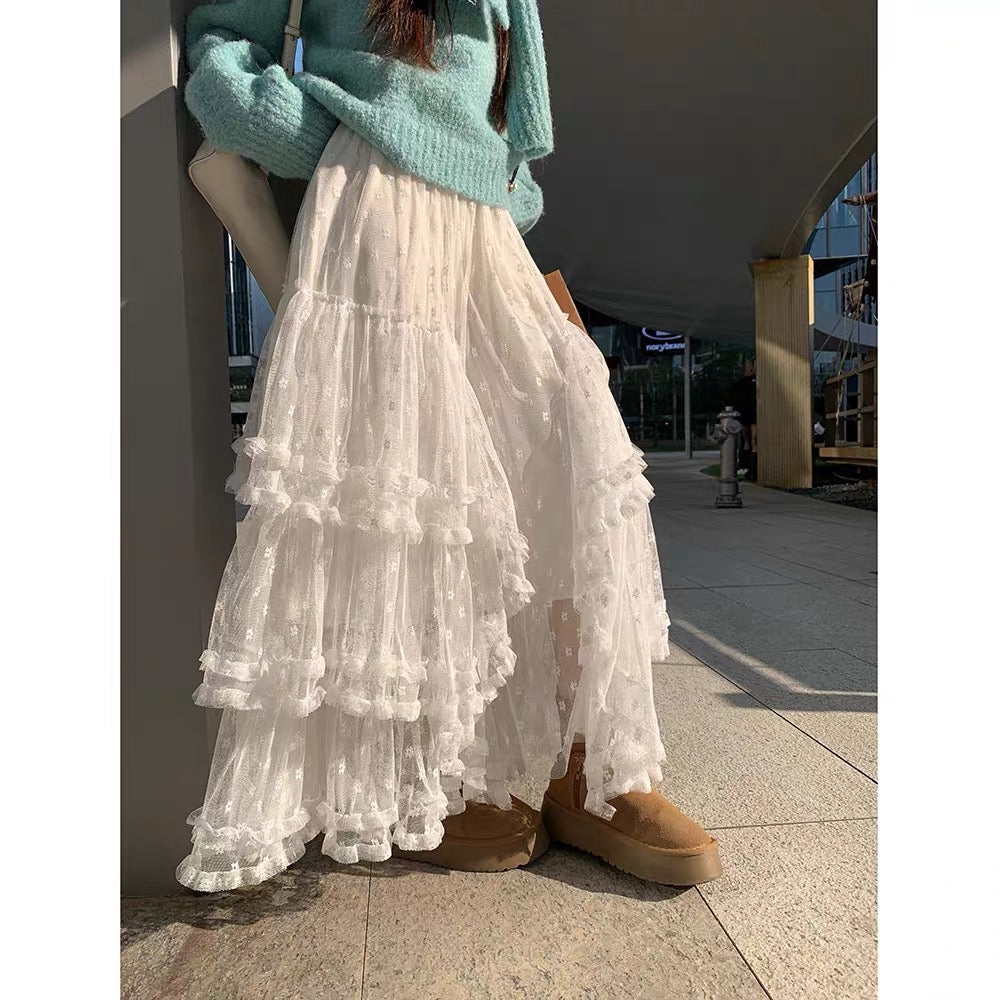 White Floral Embroidered Tiered Tulle Maxi Skirt