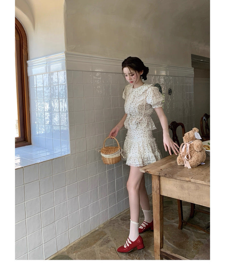 White Floral Lace Mini Set ( Top+Skirt)