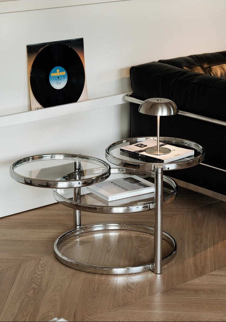 Three-Tier Swivel Glass & Chrome Coffee Table | Art Deco Living Room Table | Rotating Multi-Level Side Table
