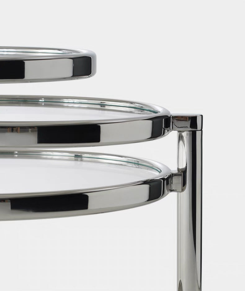 Three-Tier Swivel Glass & Chrome Coffee Table | Art Deco Living Room Table | Rotating Multi-Level Side Table
