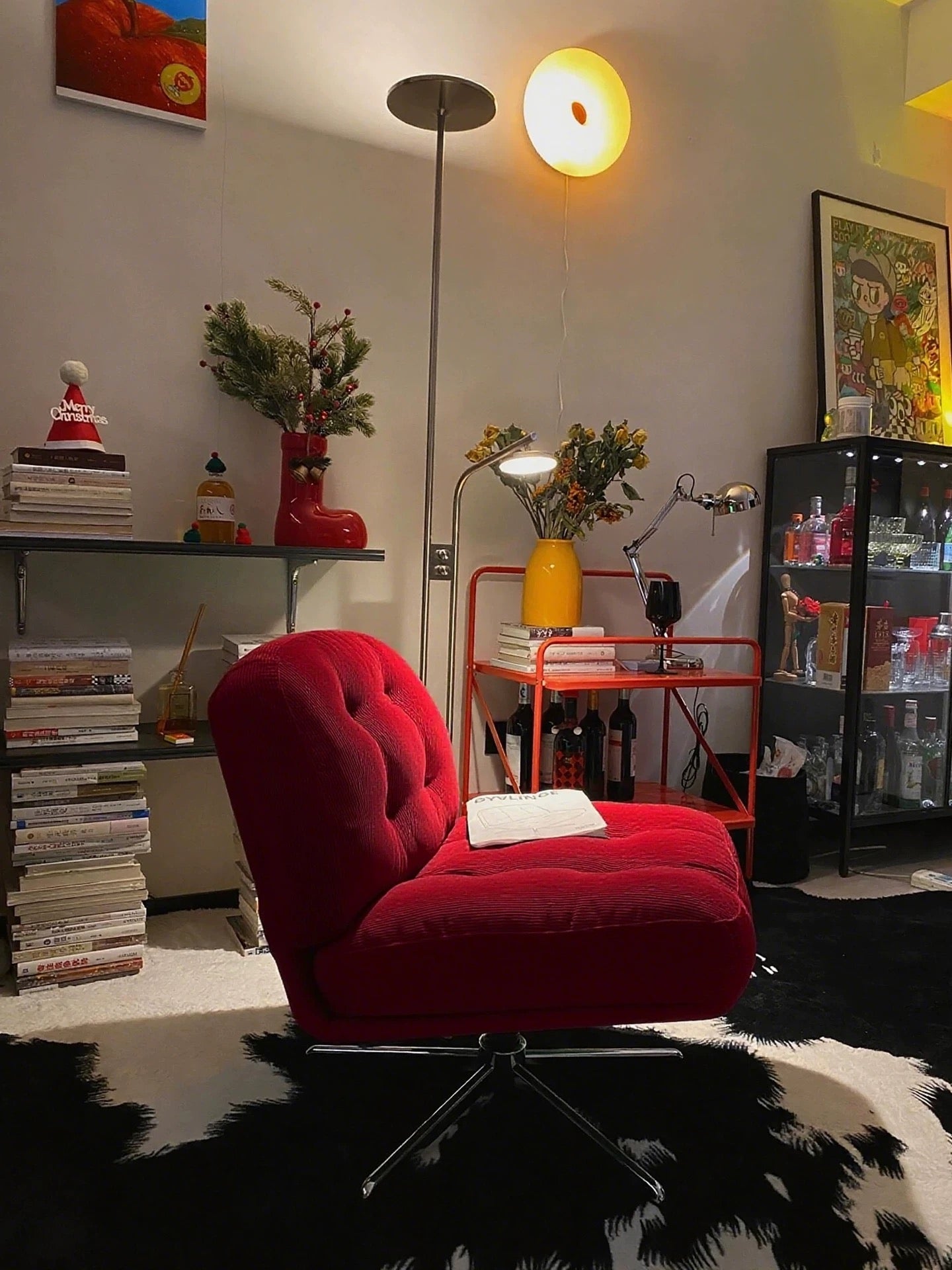 Retro Burnt Orange Corduroy Swivel Lounge Chair | Mid-Century Tufted Accent Chair | 360° Rotating Reading Chair