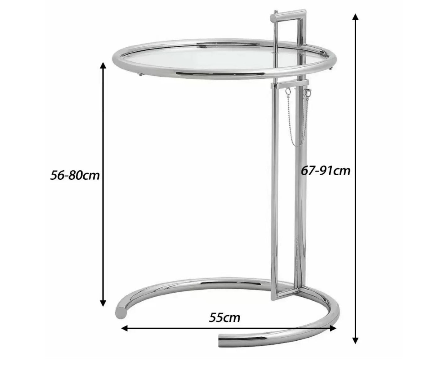 Chrome side table with dimensions on a white background
