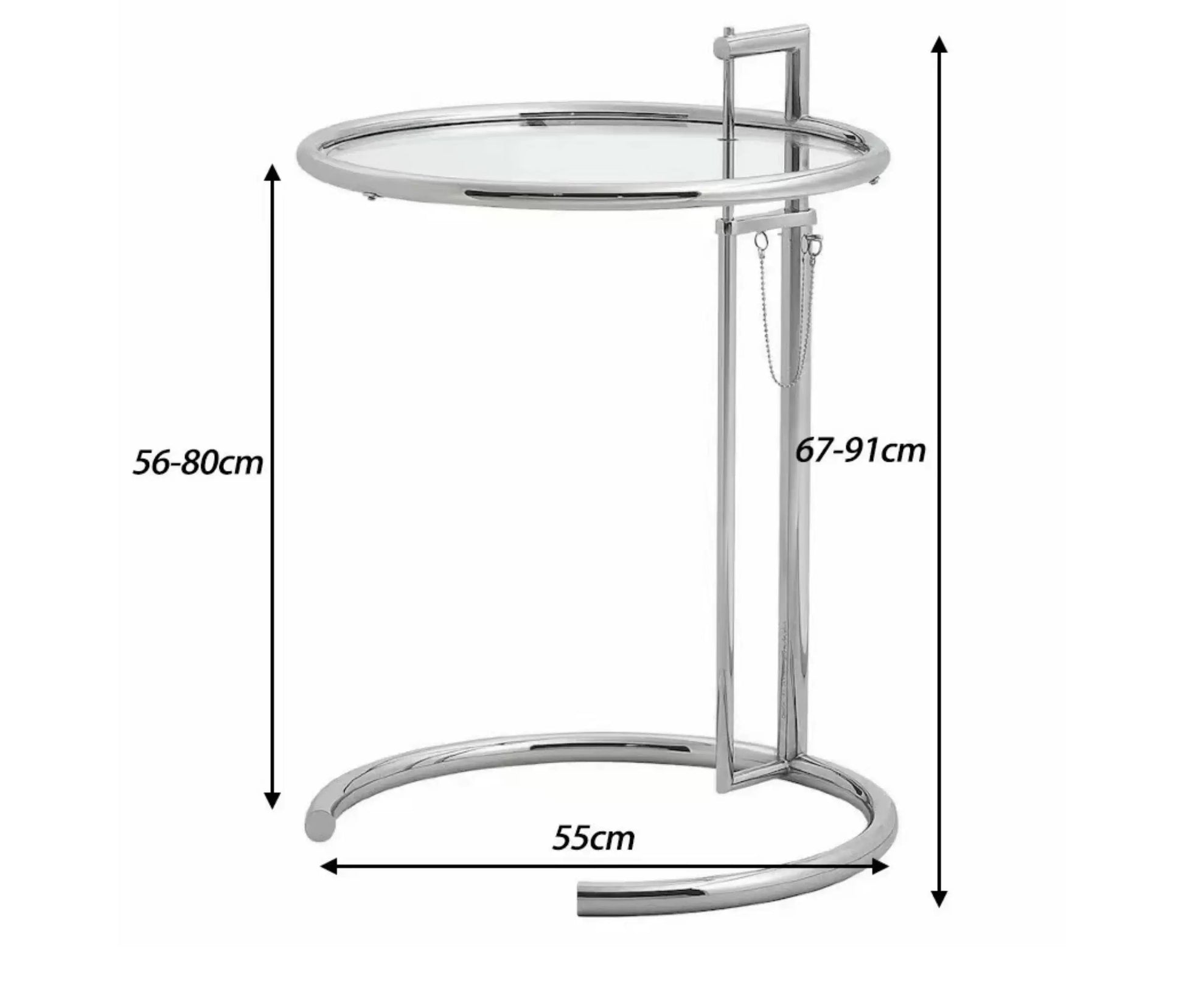 Chrome side table with dimensions on a white background