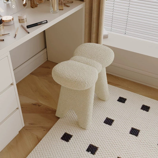 Cream Boucle Vanity Stool | Sculptural Teddy Fleece Makeup Stool | Aesthetic Dressing Table Bench