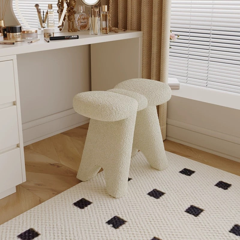 Cream Boucle Vanity Stool | Sculptural Teddy Fleece Makeup Stool | Aesthetic Dressing Table Bench