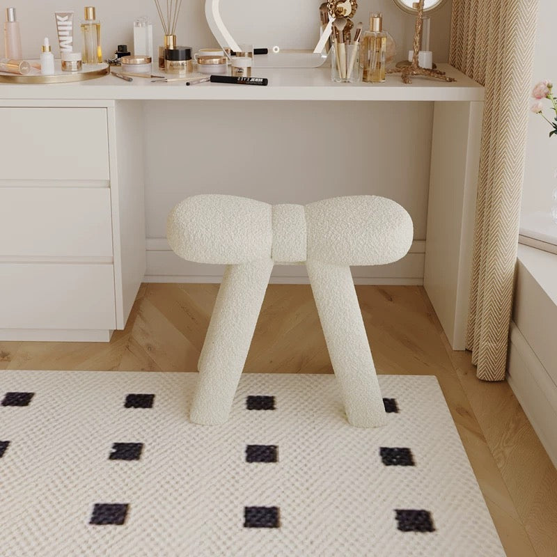Cream Boucle Vanity Stool | Sculptural Teddy Fleece Makeup Stool | Aesthetic Dressing Table Bench