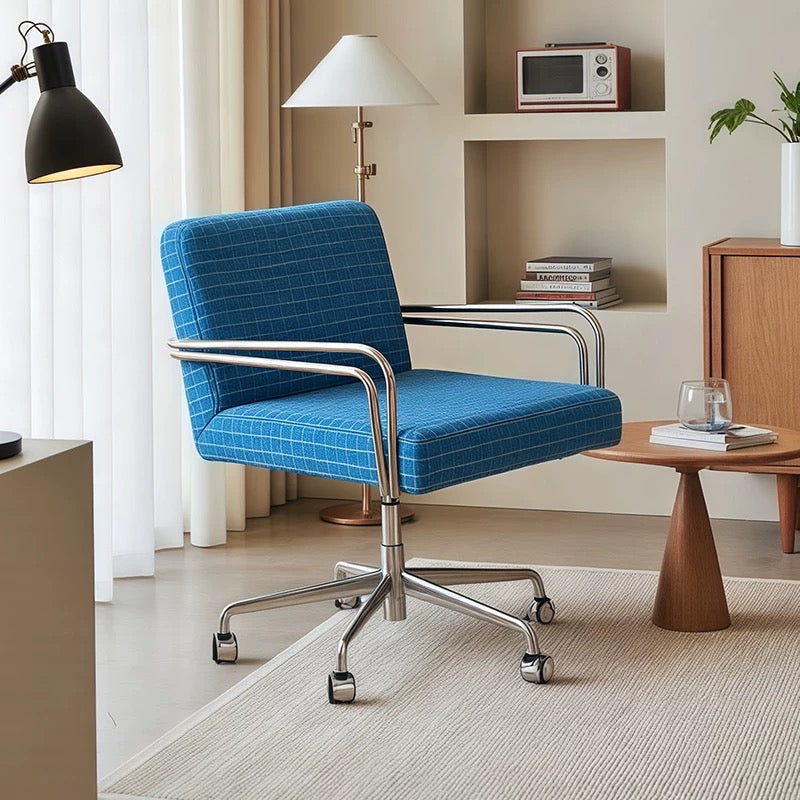 Modern Plaid Swivel Office Chair | Gingham Upholstered Desk Chair with Chrome Base & Casters