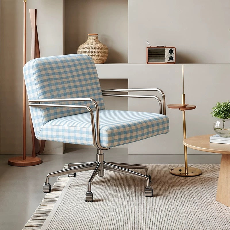 Modern Plaid Swivel Office Chair | Gingham Upholstered Desk Chair with Chrome Base & Casters