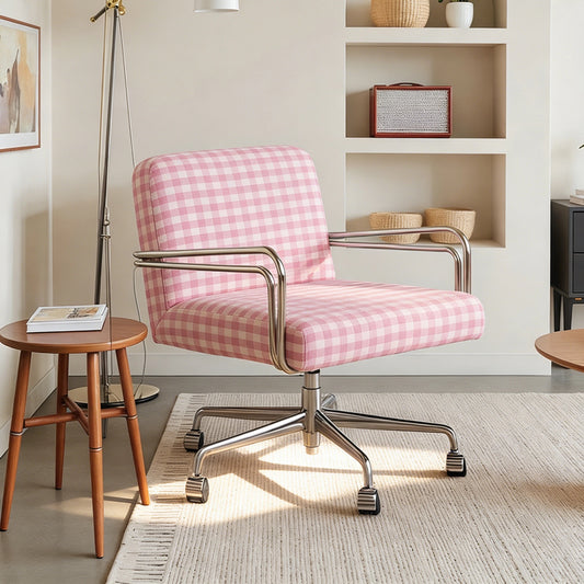 Modern Plaid Swivel Office Chair | Gingham Upholstered Desk Chair with Chrome Base & Casters