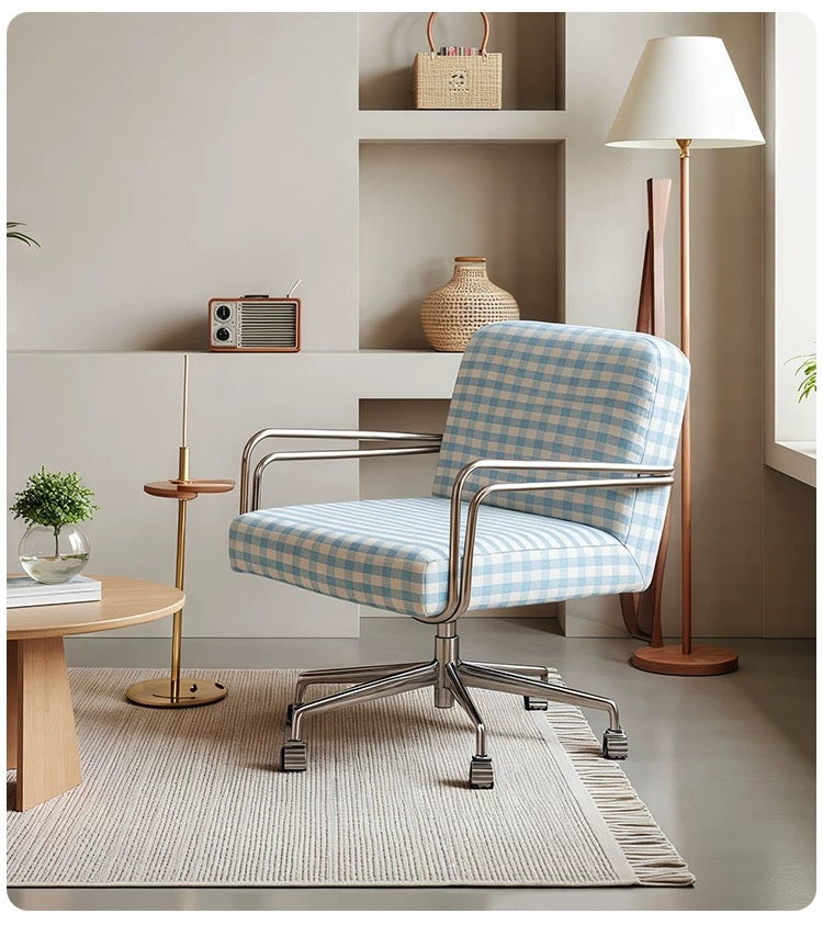 Modern Plaid Swivel Office Chair | Gingham Upholstered Desk Chair with Chrome Base & Casters