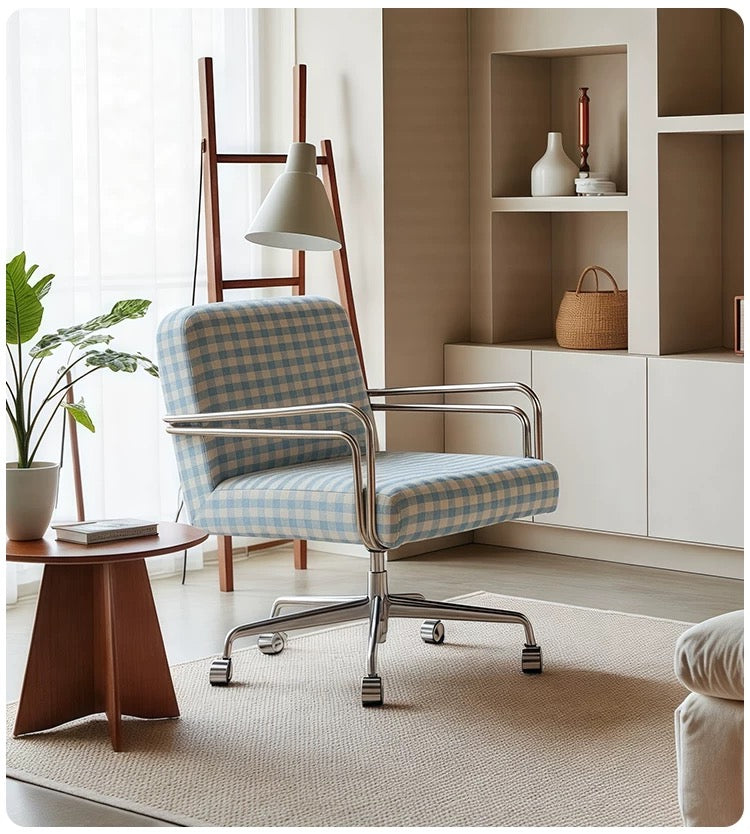 Modern Plaid Swivel Office Chair | Gingham Upholstered Desk Chair with Chrome Base & Casters