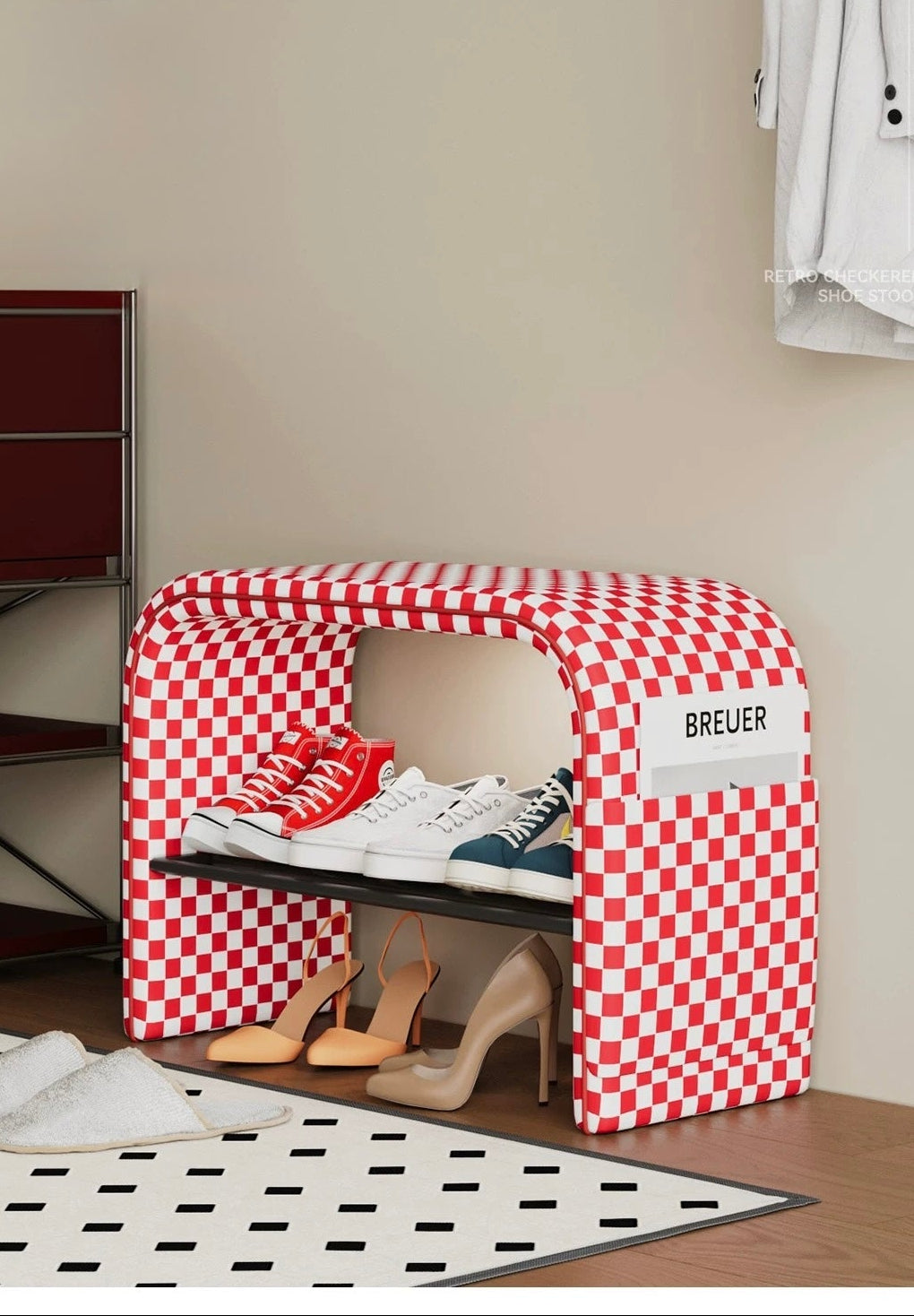 Red and white checkered shoe storage bench with shoes underneath, against a beige wall.