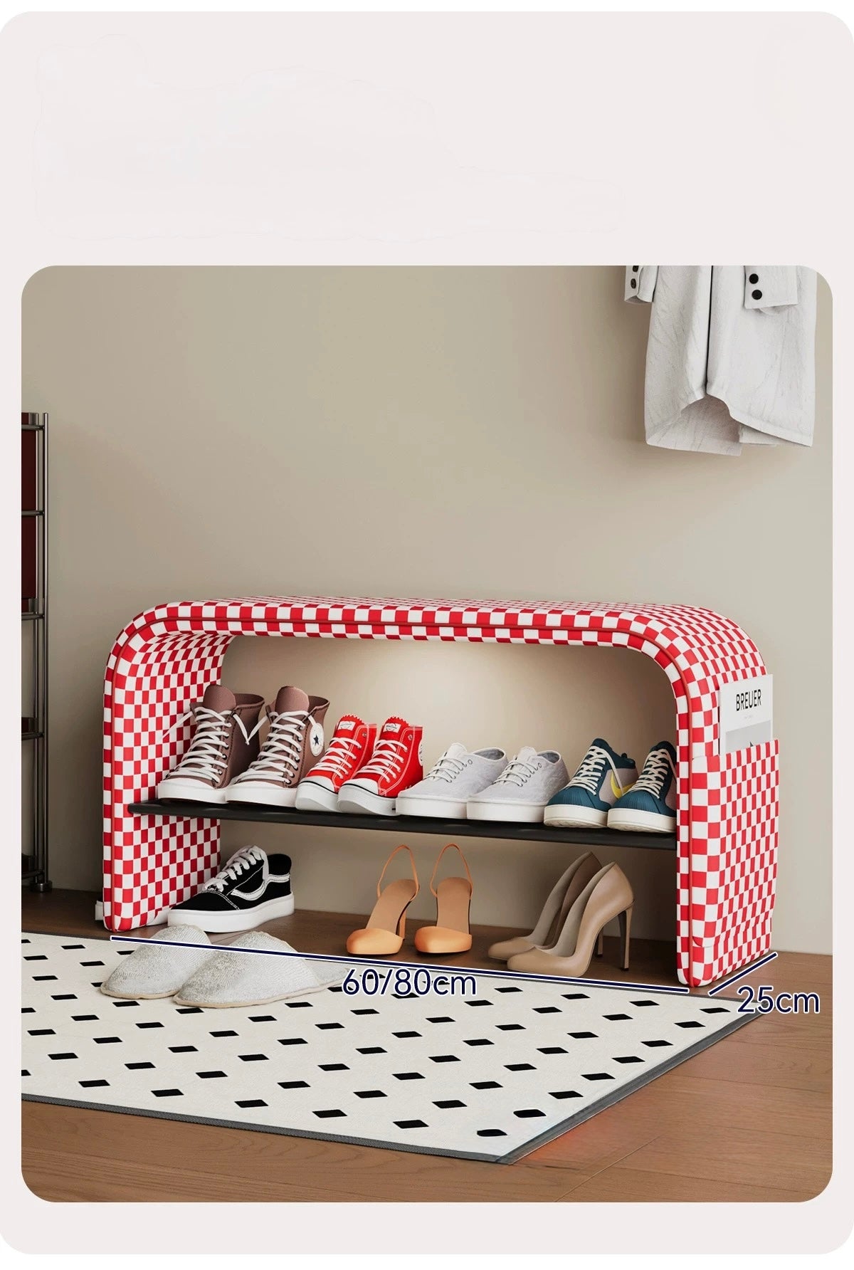 Red and white checkered shoe storage cabinet with shoes inside on a wooden floor.
