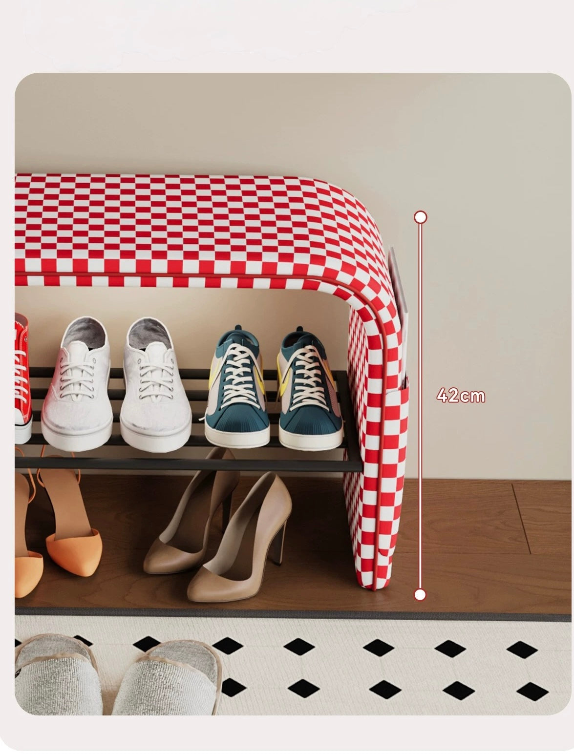 Foldable shoe storage with checkered cover, shoes on shelves, and measurement details.
