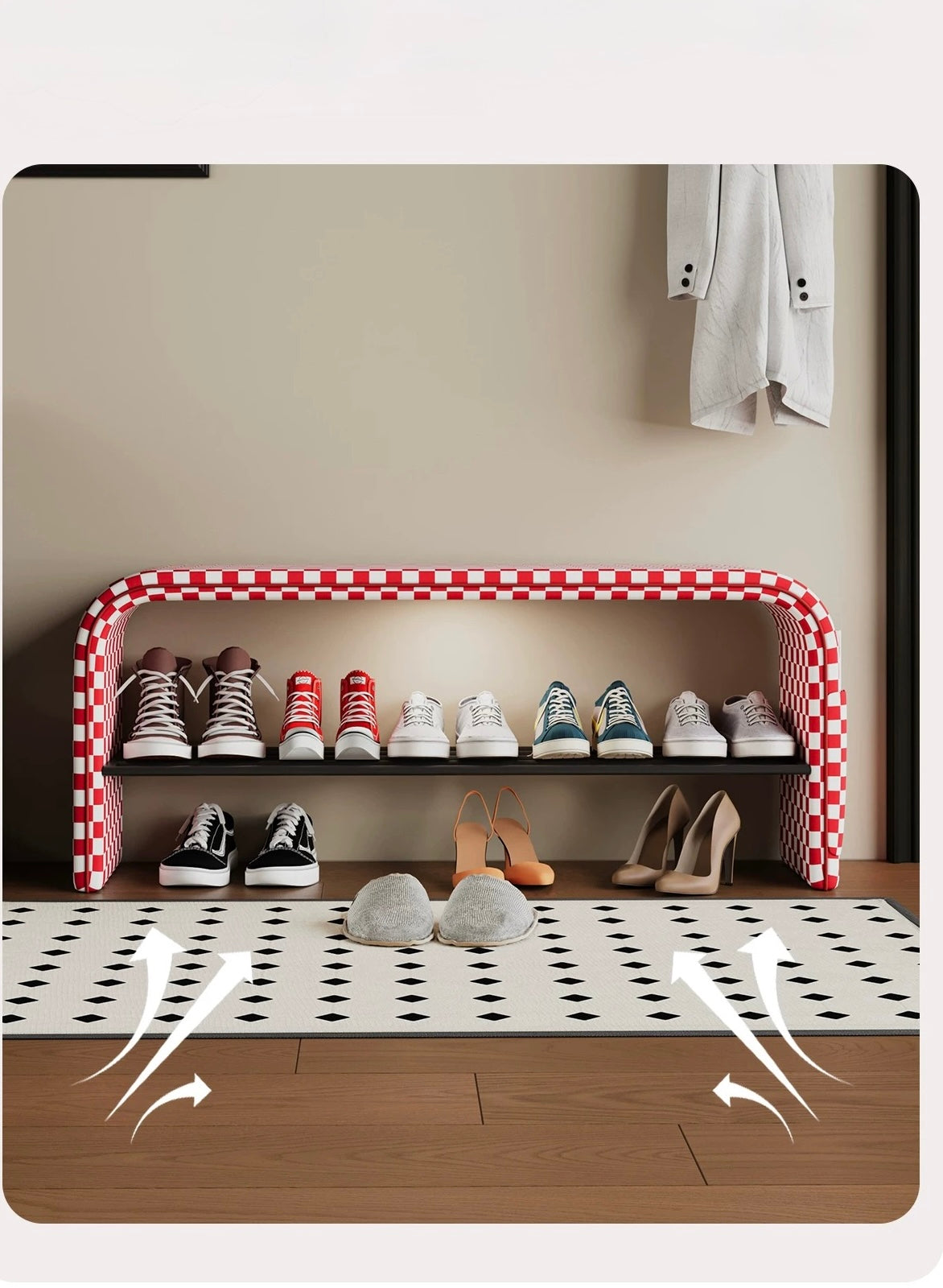 Shoe rack with various shoes and a checkered design on a neutral background