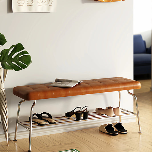 Mid-Century Tan Leather Tufted Entryway Bench | Chrome Shoe Rack Bench | Upholstered Hallway Bench with Storage Shelf