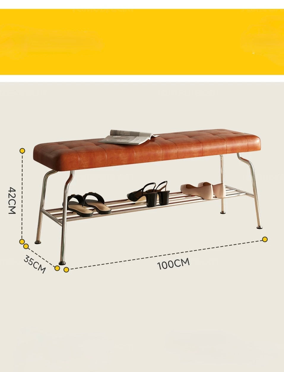 Brown leather bench with metal shelf and dimensions on a beige background