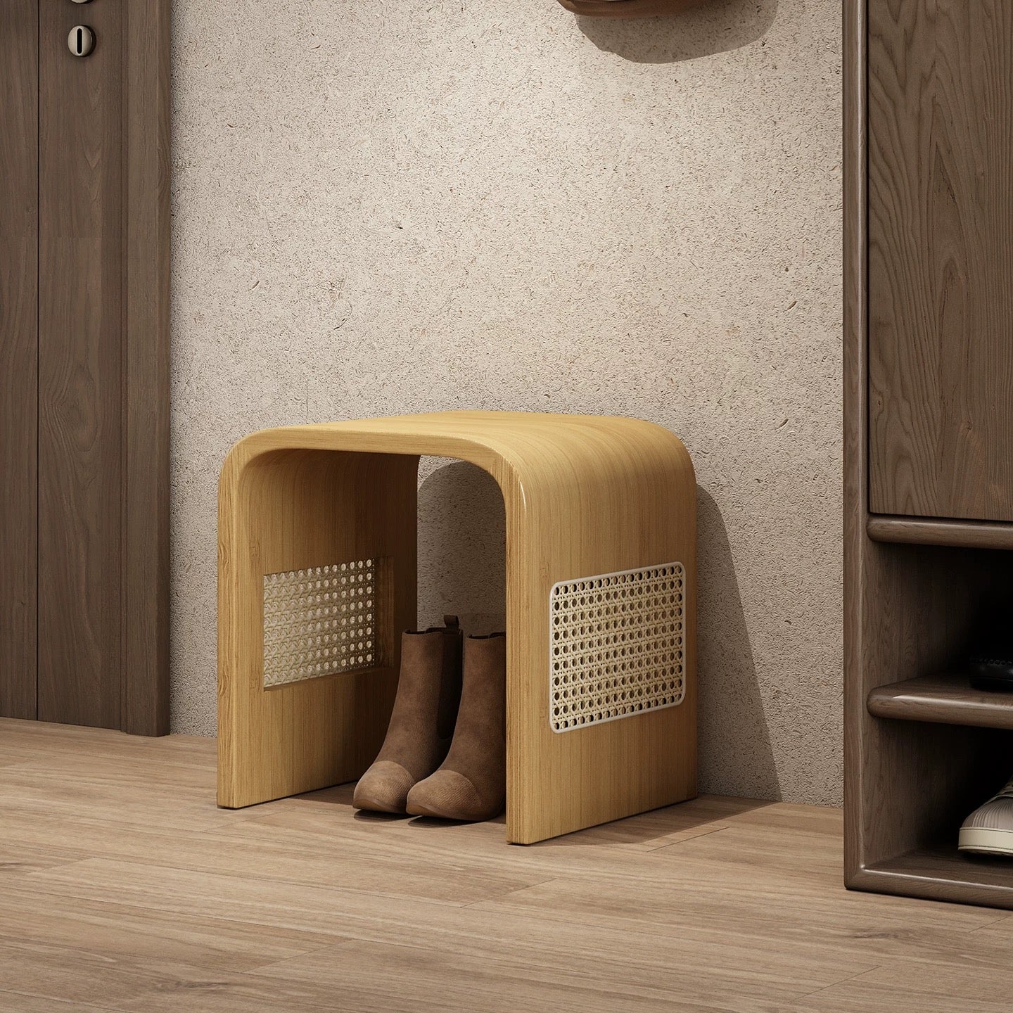 Walnut Arch Accent Stool with Rattan Cane Panels | Sculptural Wood Vanity Stool | Japandi Bent Wood Side Stool