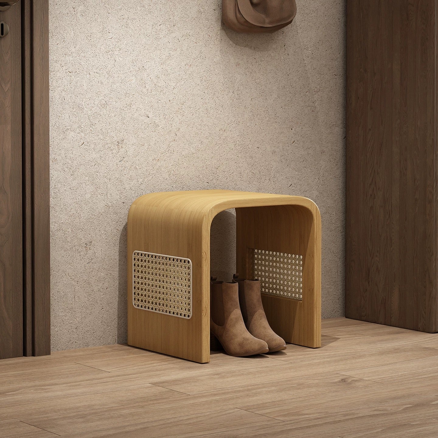 Walnut Arch Accent Stool with Rattan Cane Panels | Sculptural Wood Vanity Stool | Japandi Bent Wood Side Stool
