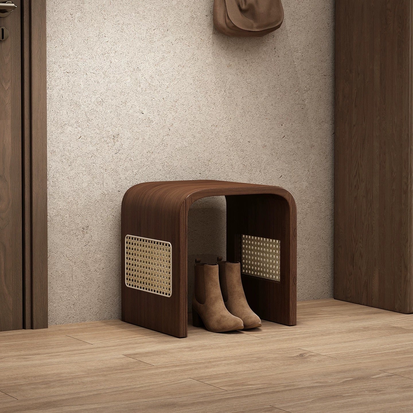 Walnut Arch Accent Stool with Rattan Cane Panels | Sculptural Wood Vanity Stool | Japandi Bent Wood Side Stool