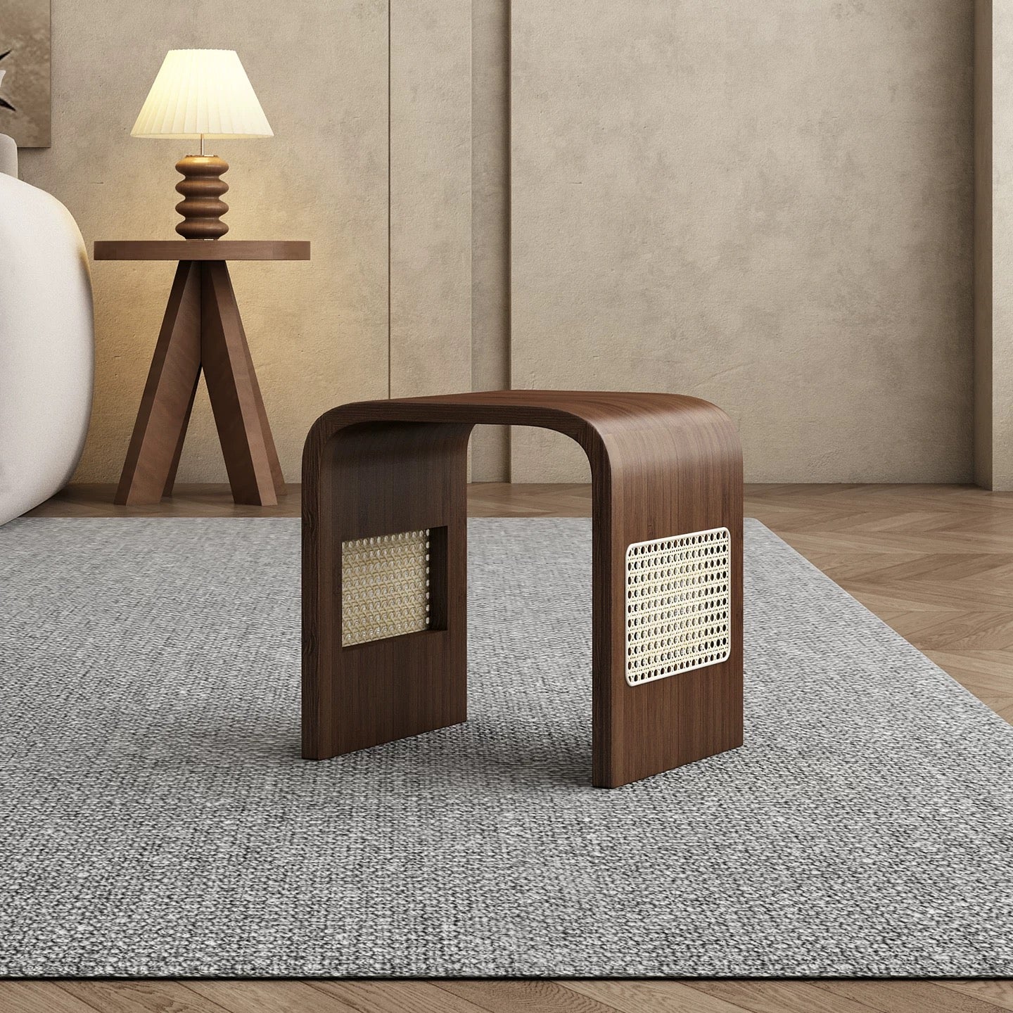 Walnut Arch Accent Stool with Rattan Cane Panels | Sculptural Wood Vanity Stool | Japandi Bent Wood Side Stool