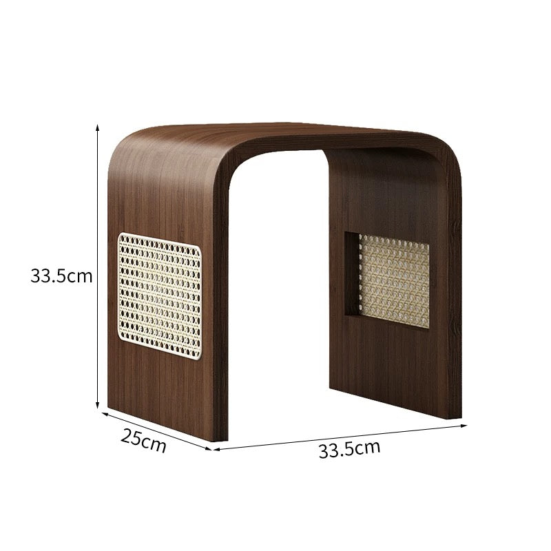 Walnut Arch Accent Stool with Rattan Cane Panels | Sculptural Wood Vanity Stool | Japandi Bent Wood Side Stool