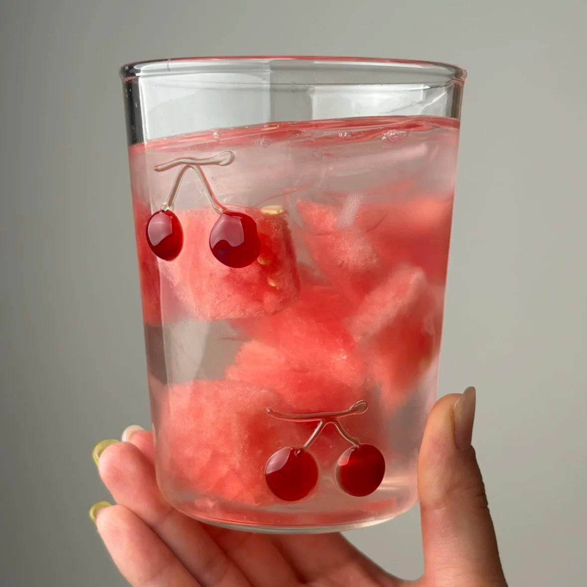 3D Red Cherry Rocks Glass | Artisan Fruit Embossed Tumbler | Cherry Motif Cocktail Glass