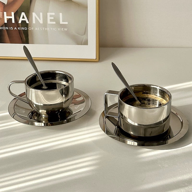 Mirror Chrome Espresso Cup & Saucer Set with Spoon | Stainless Steel Double Wall Coffee Cup | Luxury Aesthetic Coffee Set of 2