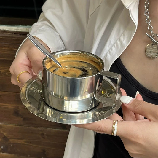 Mirror Chrome Espresso Cup & Saucer Set with Spoon | Stainless Steel Double Wall Coffee Cup | Luxury Aesthetic Coffee Set of 2