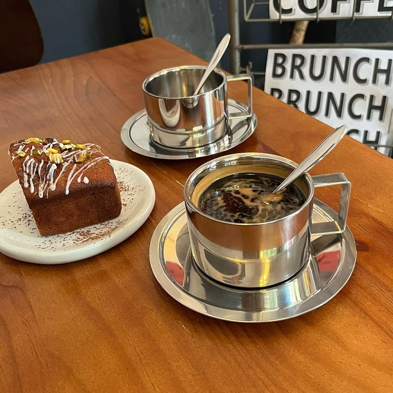 Mirror Chrome Espresso Cup & Saucer Set with Spoon | Stainless Steel Double Wall Coffee Cup | Luxury Aesthetic Coffee Set of 2