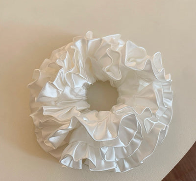 Elegant White Satin Ruffle Scrunchie