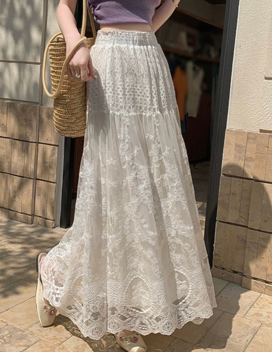 Boho White Lace Maxi Skirt