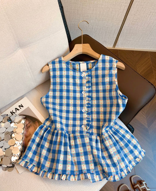 Blue Gingham Ruffle Sleeveless Blouse
