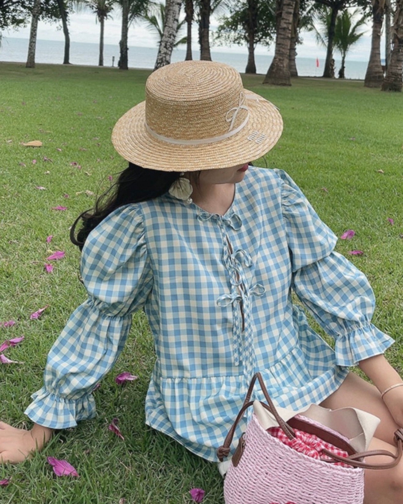 Blue Gingham Puff Sleeve Tie-Front Blouse