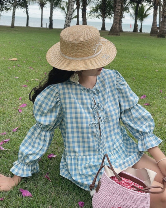 Blue Gingham Puff Sleeve Tie-Front Blouse
