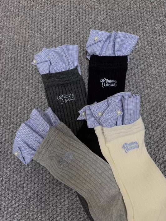 Pearl-Embellished Plaid Ruffle Socks (1 Pair)