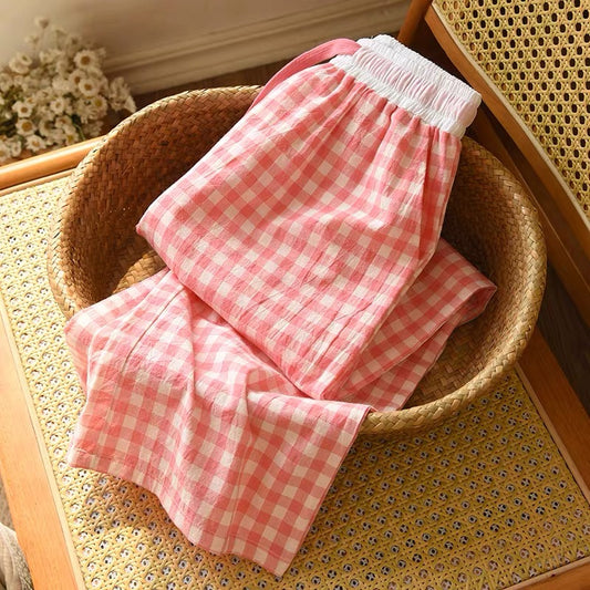 Soft Blue Plaid Pajama Pants Set with White Waistband