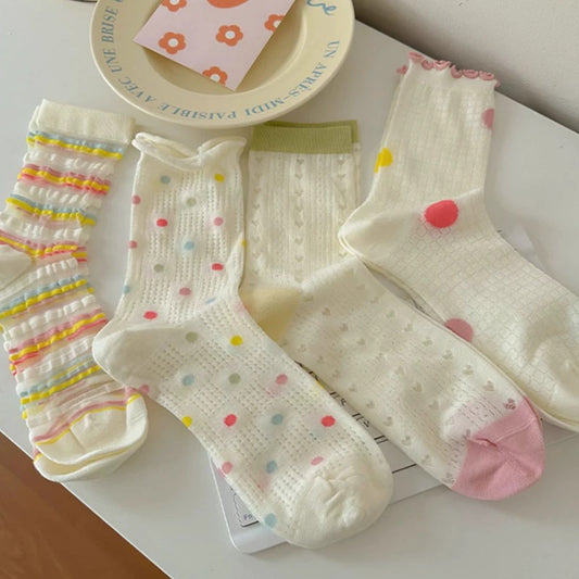 Colorful Polka Dot & Ruffle Socks (4 Pairs)