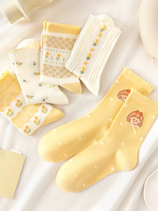 Sunshine Yellow Cartoon Socks Set (5 Pairs)