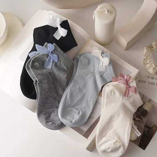 Bow-Tie Ribbed Short Socks Set (4 Pairs)