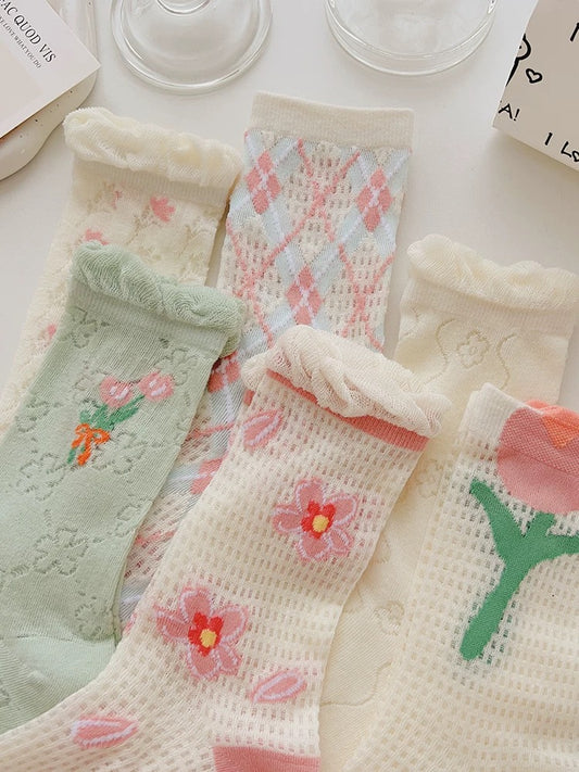 Pink & White Flower Mesh Socks (6 Pairs)
