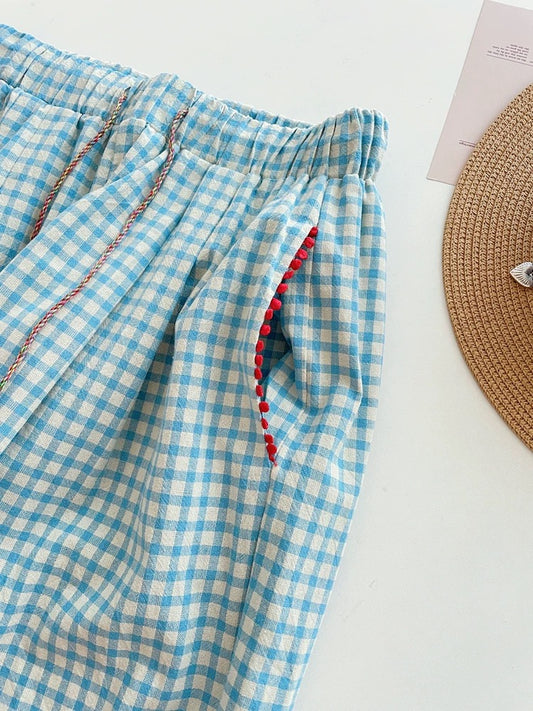 Blue Gingham Pajama Pants with Red Tassel Trim