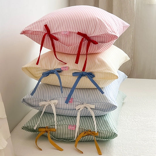 Striped Cotton Pillowcases with Decorative Ribbon Ties