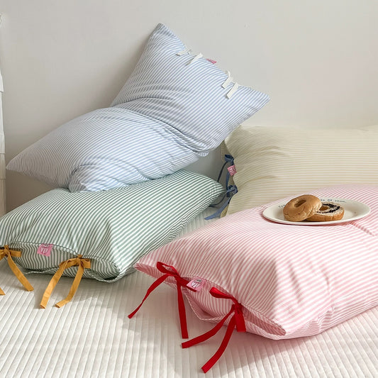 Striped Cotton Pillowcases with Decorative Ribbon Ties