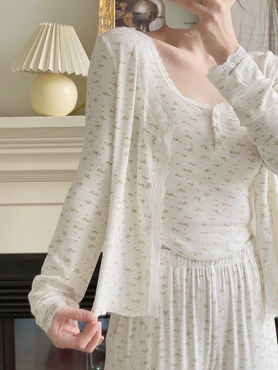 4-Piece Floral Cotton Pajama Set with Lace Trim
